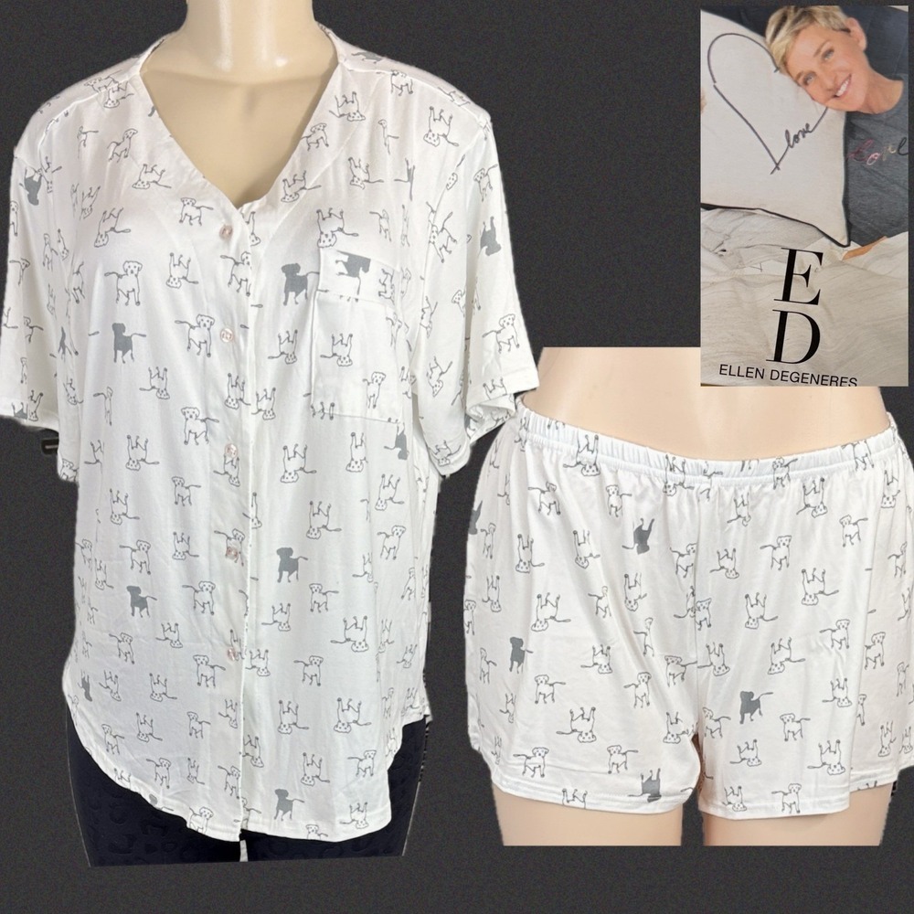 ED Ellen DeGeneres Womens Pajama Set White Dog Print Short Sleeve Shorts L NWT